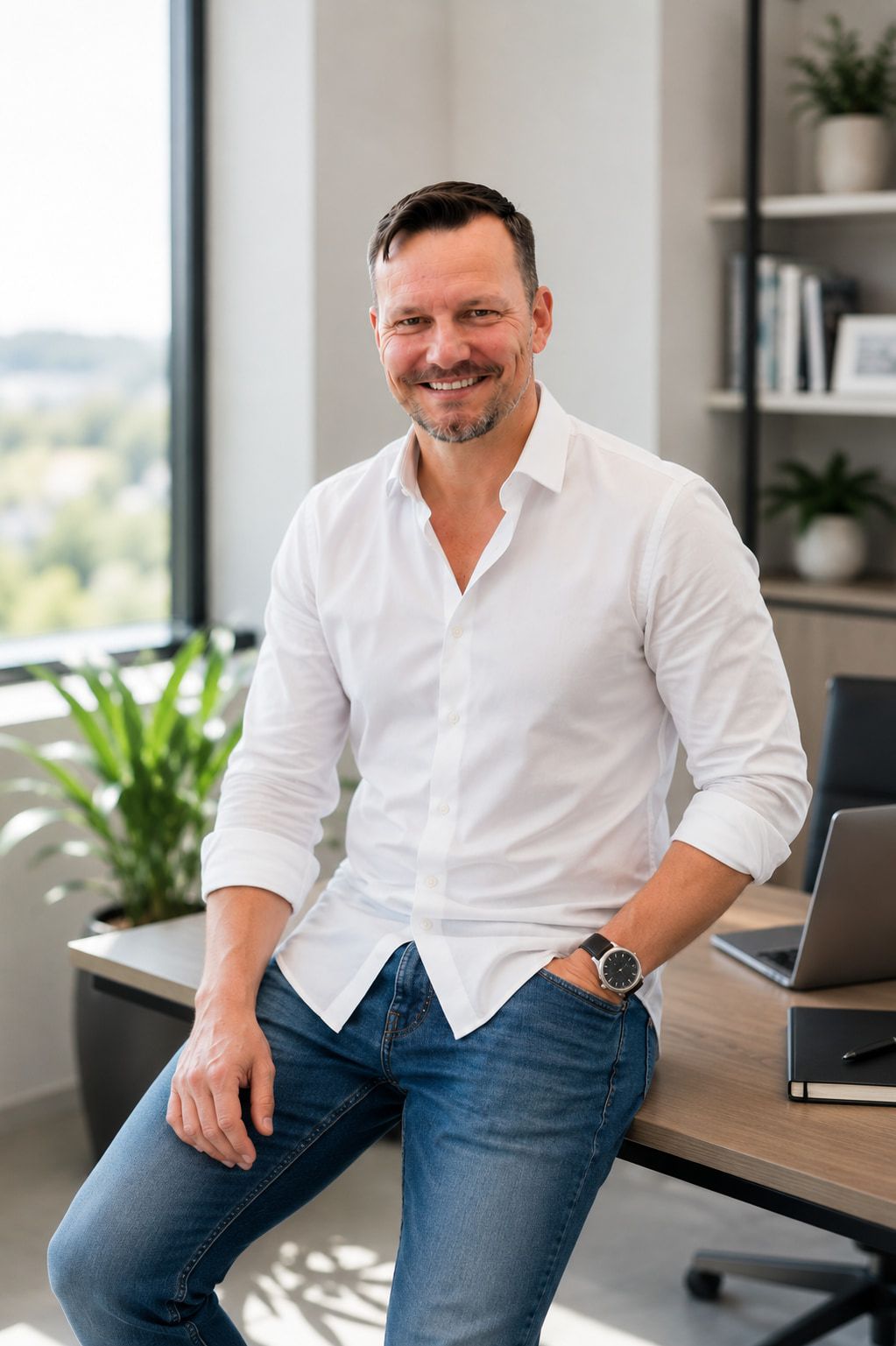 Jan Rolfsmeyer lehnt in weißem Hemd und Jeans an einer Schreibtischkante, im Hintergrund ein Fenster.