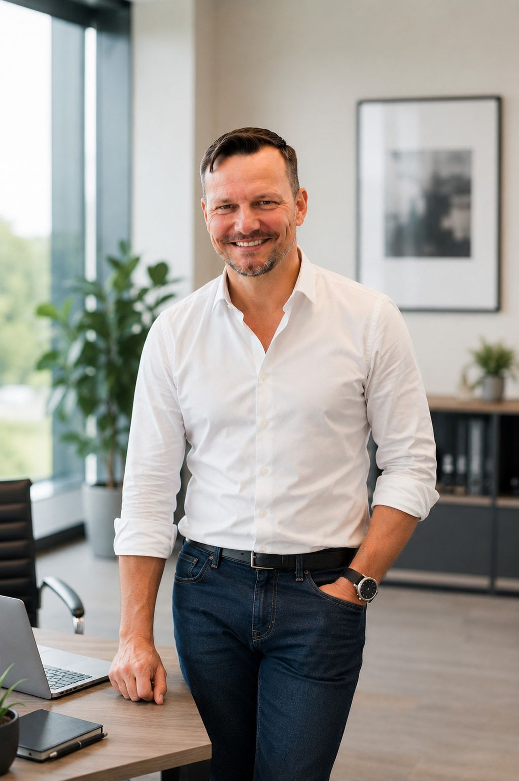 Jan Rolfsmeyer steht in weißem Hemd und Jeans an einem Schreibtisch in einem Büro und schaut in die Kamera.