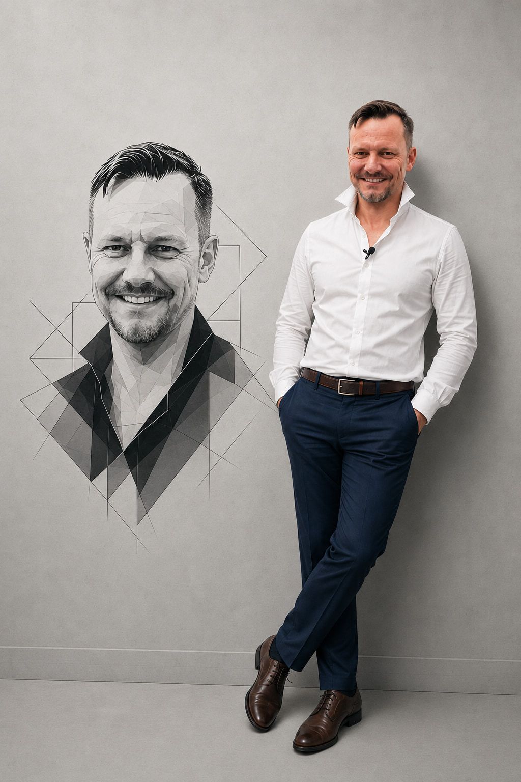 Jan Rolfsmeyer steht neben einer grafischen Wandillustration seines Portraits.
