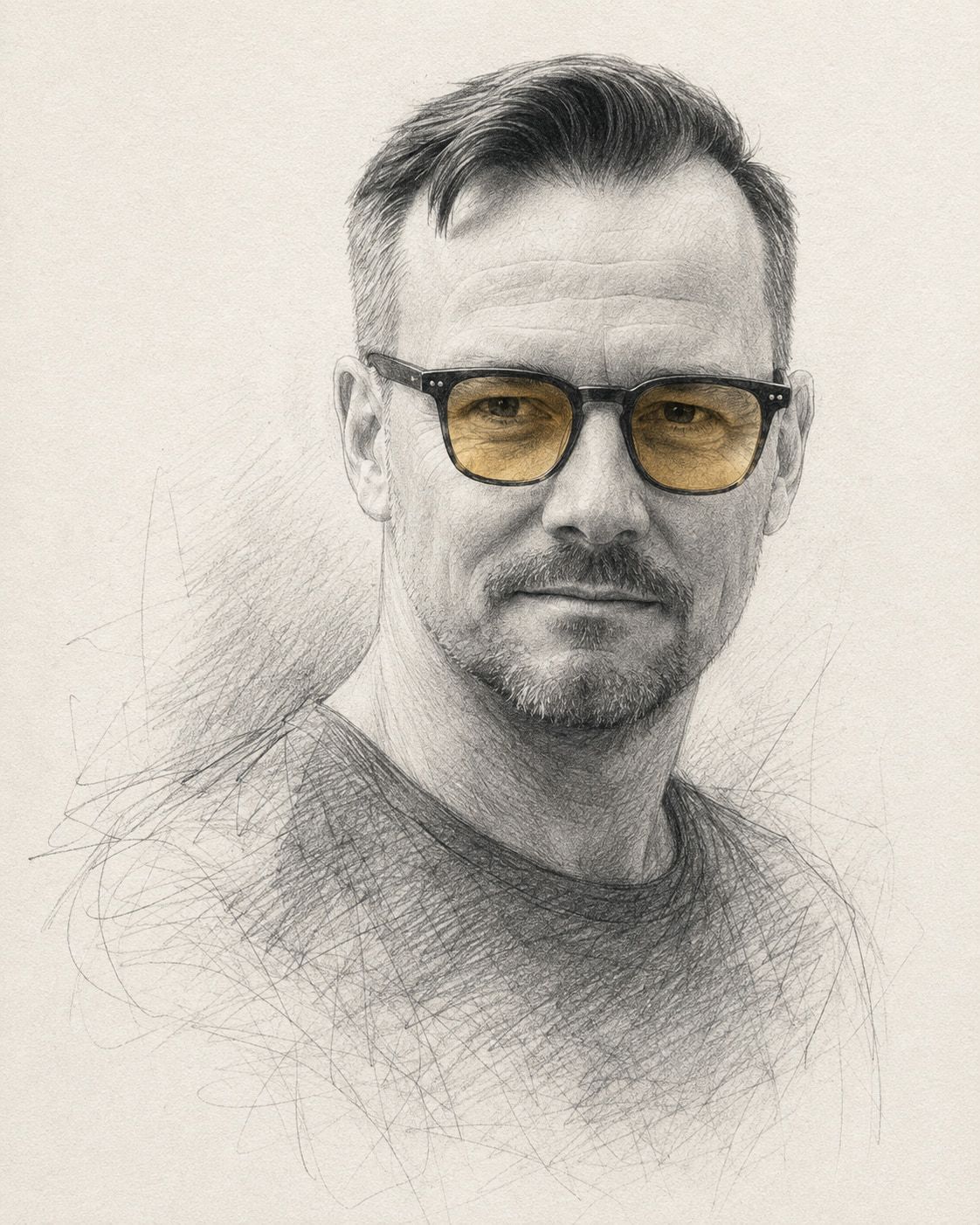 Gezeichnetes Portrait von Jan Rolfsmeyer mit Brille, Bleistift auf Papier.