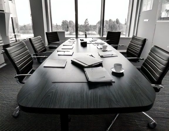Kleiner Besprechungstisch mit Notizbüchern und Kaffeetassen, mehrere leere Stühle, Tageslicht durch die Fenster.