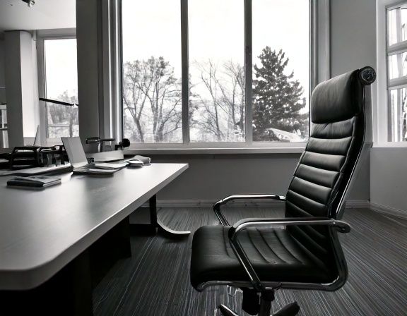 Leerer Bürostuhl an einem aufgeräumten Schreibtisch, im Hintergrund große Fenster.