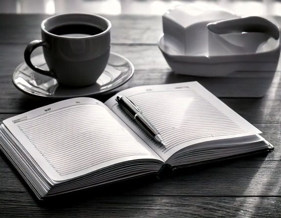 Aufgeschlagener Wochenplaner auf einem Holztisch, ein Füller liegt darauf, daneben eine Kaffeetasse.