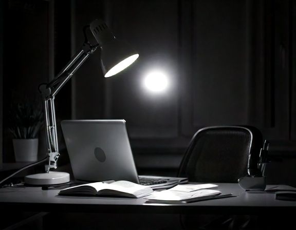 Leuchtende Schreibtischlampe in einem dunklen Büro am Abend, daneben ein aufgeklappter Laptop und ein Notizbuch.