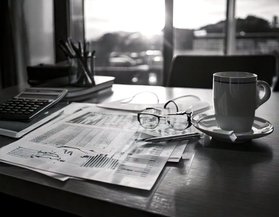 Schreibtisch mit ausgedruckten Finanzauswertungen, einem Taschenrechner, einer Brille und einer Kaffeetasse im Abendlicht.